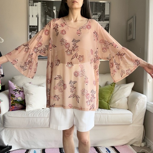NWT Love and Legend nude mesh top with floral print and bell sleeves. - Picture 3 of 14